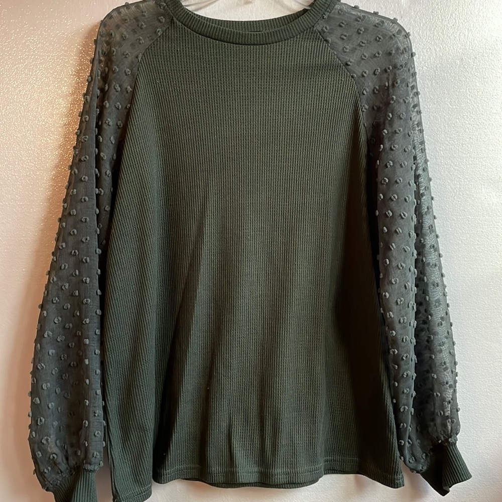 Miholl waffle knit crewneck sheer dotted Swiss sleeve knit top size large